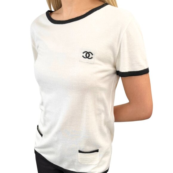 CHANEL Vintage 06C CC Mark Logo Knit Top #42 Pocket Pullover Cream [105386] - Picture 1 of 12
